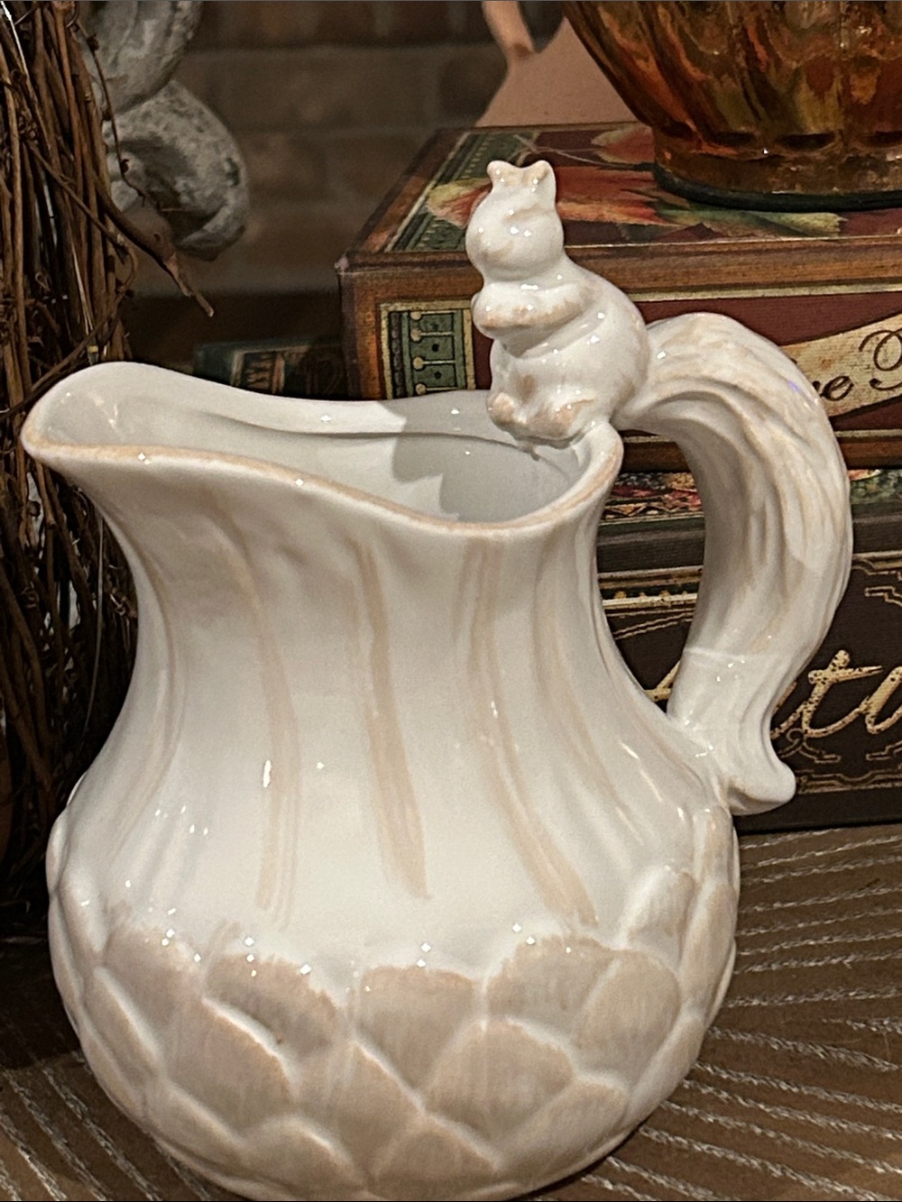 NEW! Vintage Inspired Fall Harvest Ceramic Creamy White Squirrel Acorn Pitcher